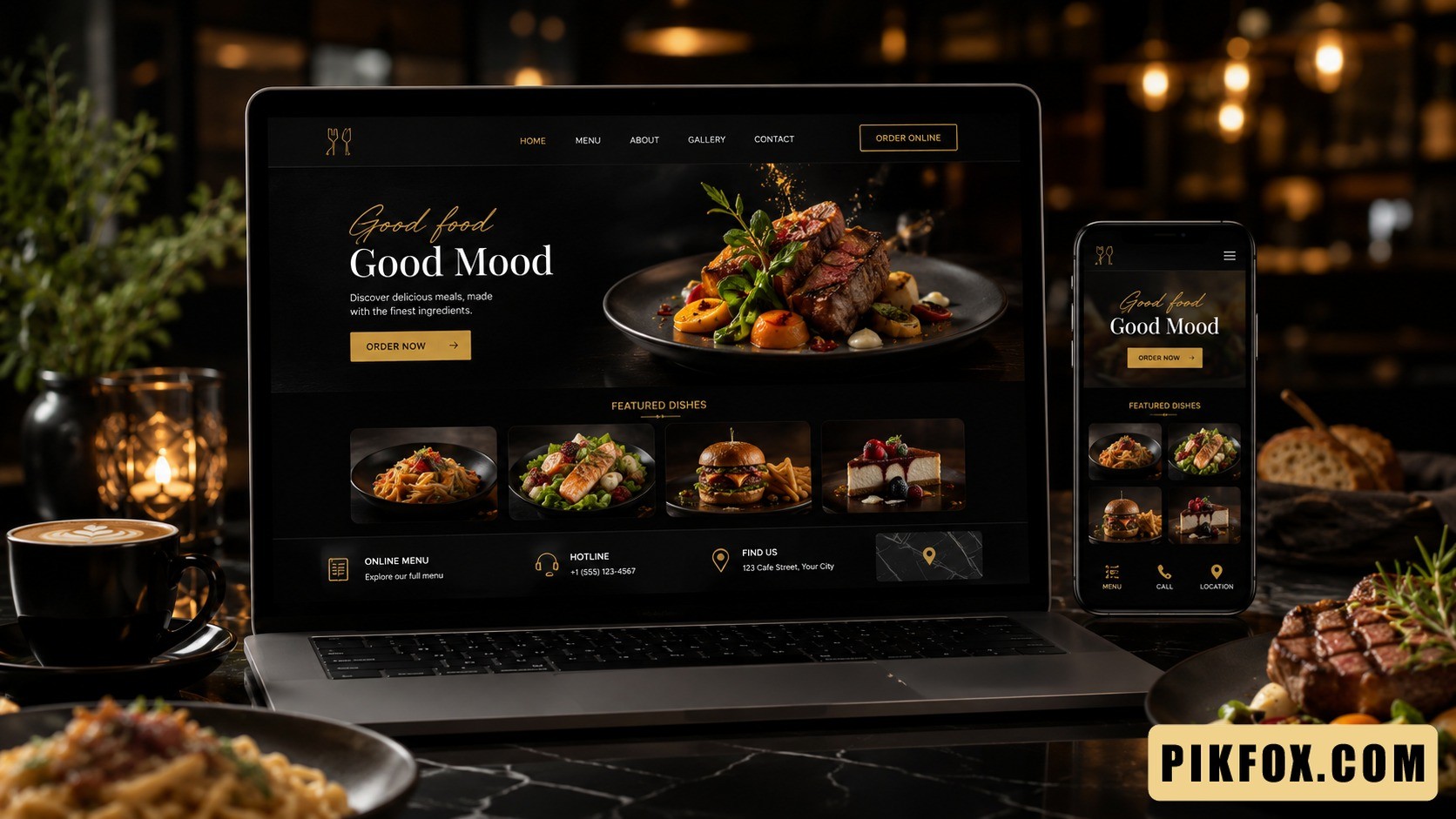 Giao diện website nhà hàng quán ăn cafe hiển thị trên laptop và điện thoại