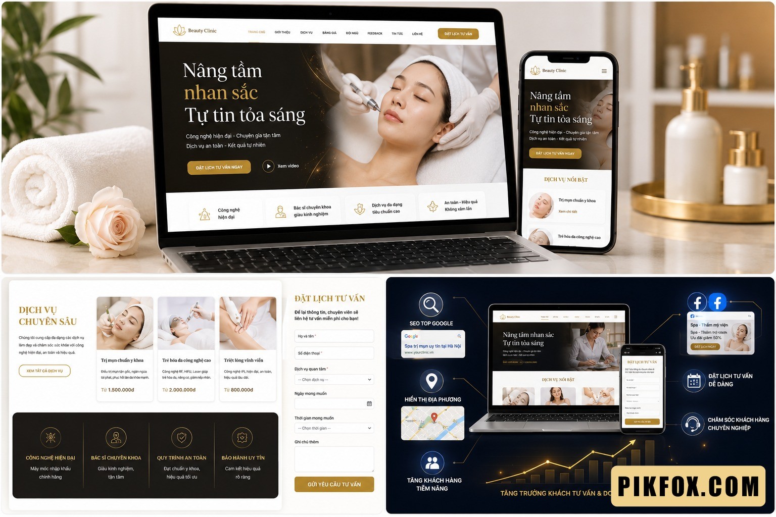 Giao diện website spa thẩm mỹ viện nha khoa phòng khám hiển thị trên laptop và điện thoại